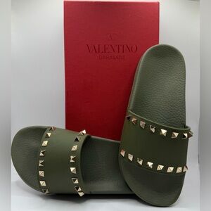 Valentino Garavani | Rockstud Olive Green PVC Slide Sandals | EU 37